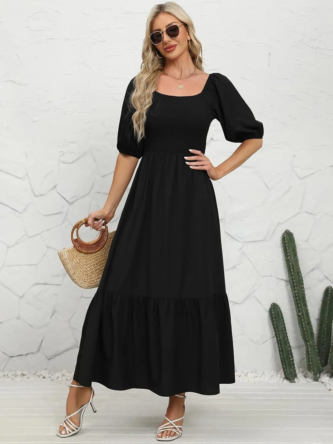 Lyrur Summer Boho Smocked Maxi Dresses for Women 2025 Casual Puff Sleeve Square Neck A Line Tiered Ruffle Ankle Length Dress