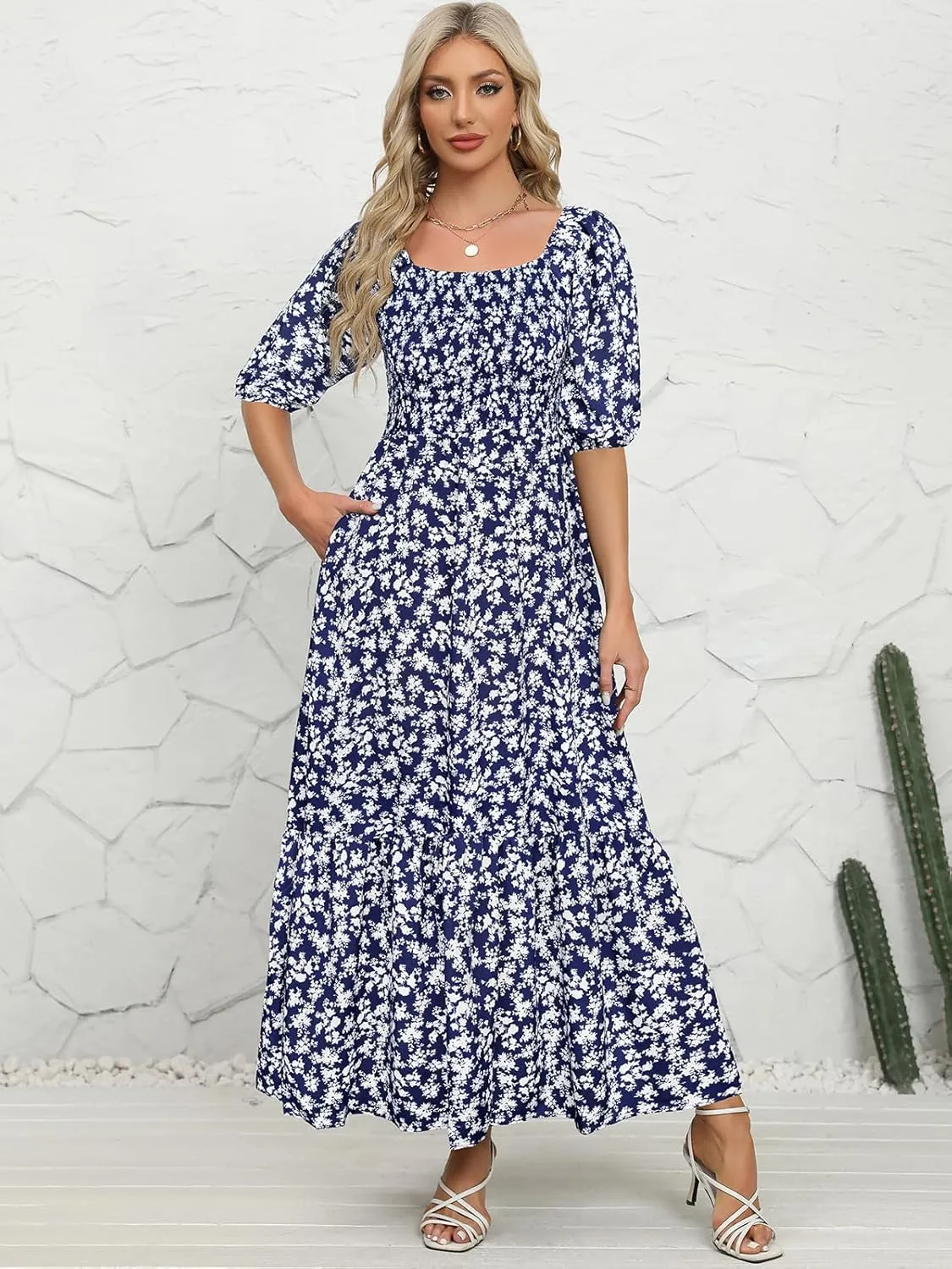 Lyrur Summer Boho Smocked Maxi Dresses for Women 2025 Casual Puff Sleeve Square Neck A Line Tiered Ruffle Ankle Length Dress
