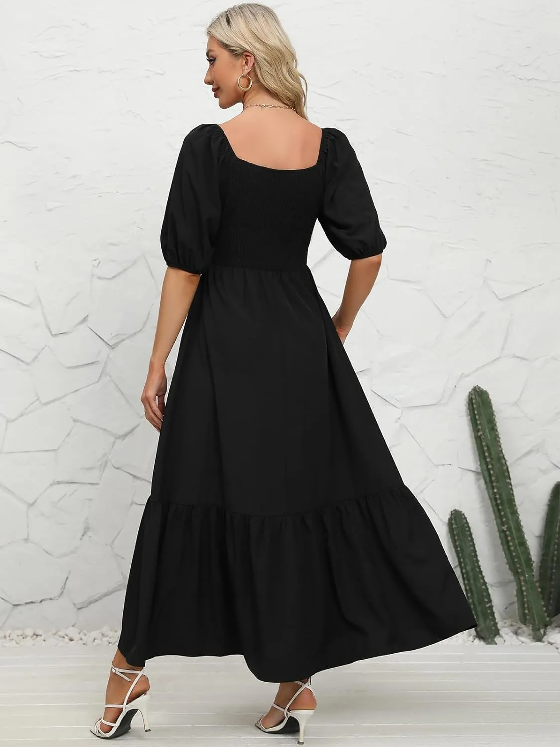 Lyrur Summer Boho Smocked Maxi Dresses for Women 2025 Casual Puff Sleeve Square Neck A Line Tiered Ruffle Ankle Length Dress