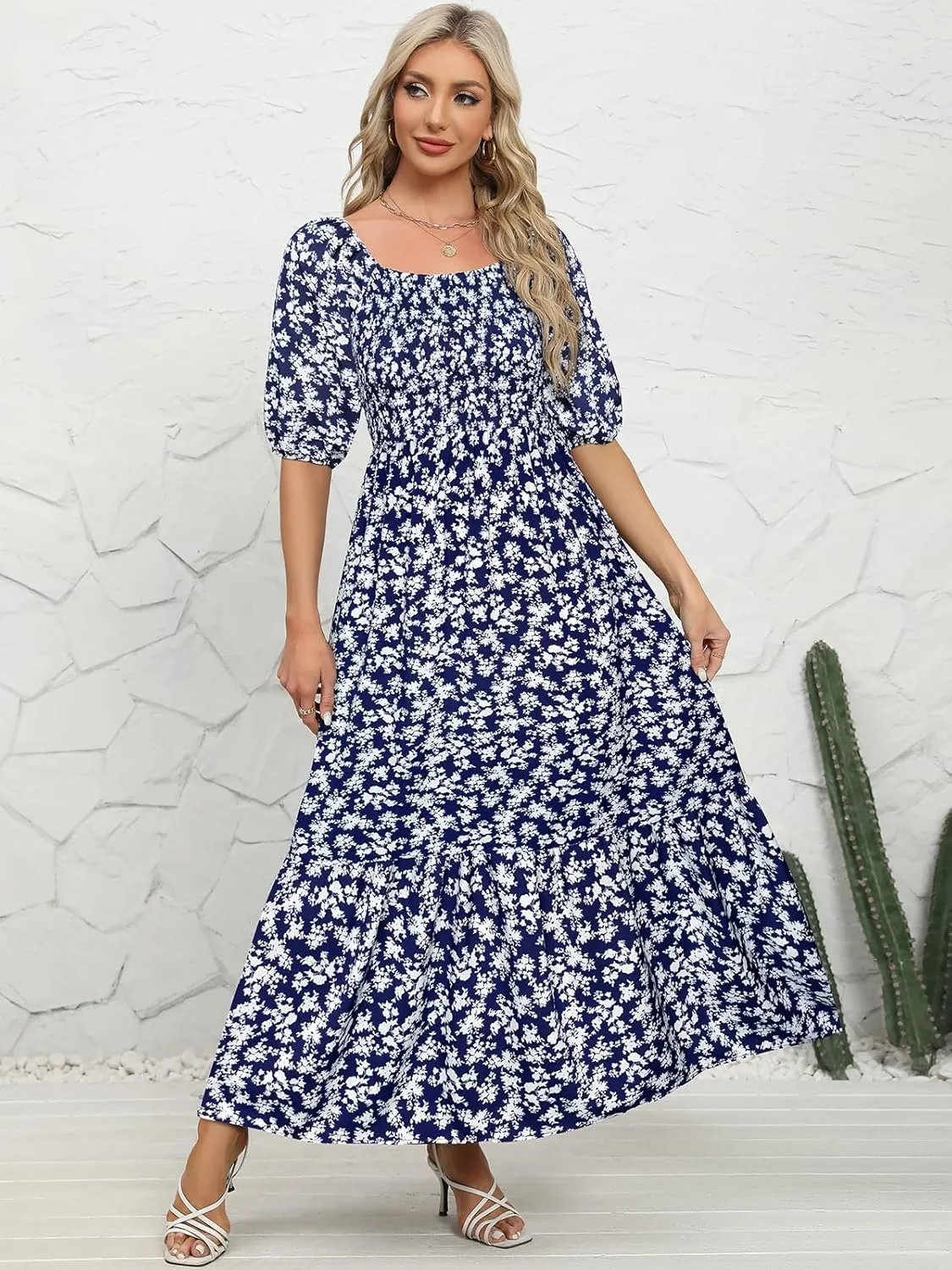 Lyrur Summer Boho Smocked Maxi Dresses for Women 2025 Casual Puff Sleeve Square Neck A Line Tiered Ruffle Ankle Length Dress
