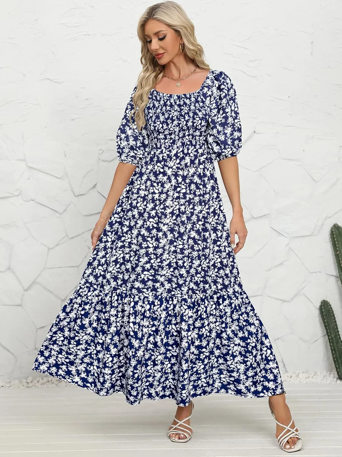 Lyrur Summer Boho Smocked Maxi Dresses for Women 2025 Casual Puff Sleeve Square Neck A Line Tiered Ruffle Ankle Length Dress