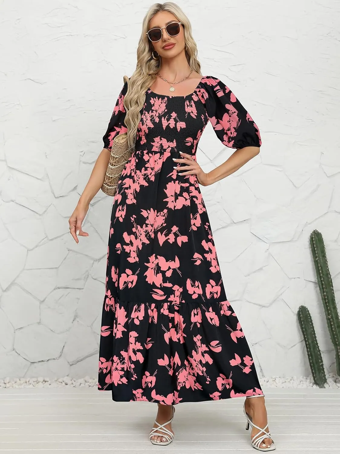 Lyrur Summer Boho Smocked Maxi Dresses for Women 2025 Casual Puff Sleeve Square Neck A Line Tiered Ruffle Ankle Length Dress