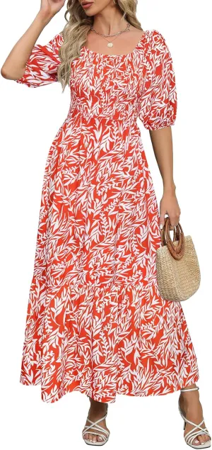 Lyrur Summer Boho Smocked Maxi Dresses for Women 2025 Casual Puff Sleeve Square Neck A Line Tiered Ruffle Ankle Length Dress