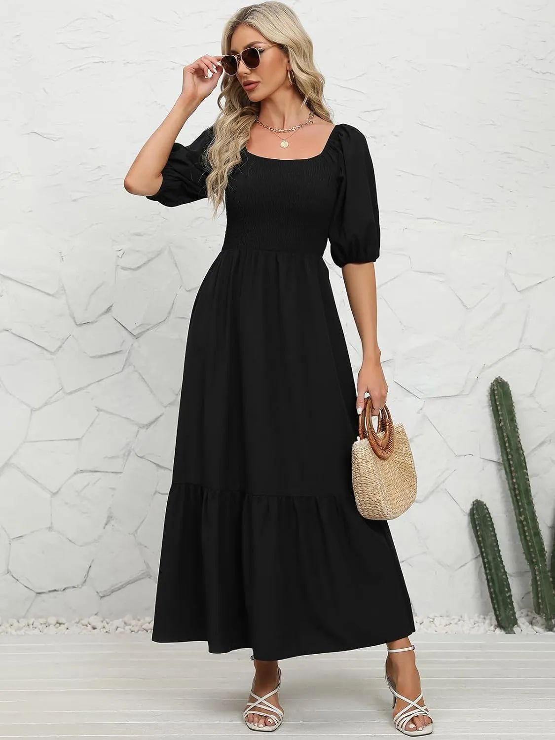Lyrur Summer Boho Smocked Maxi Dresses for Women 2025 Casual Puff Sleeve Square Neck A Line Tiered Ruffle Ankle Length Dress