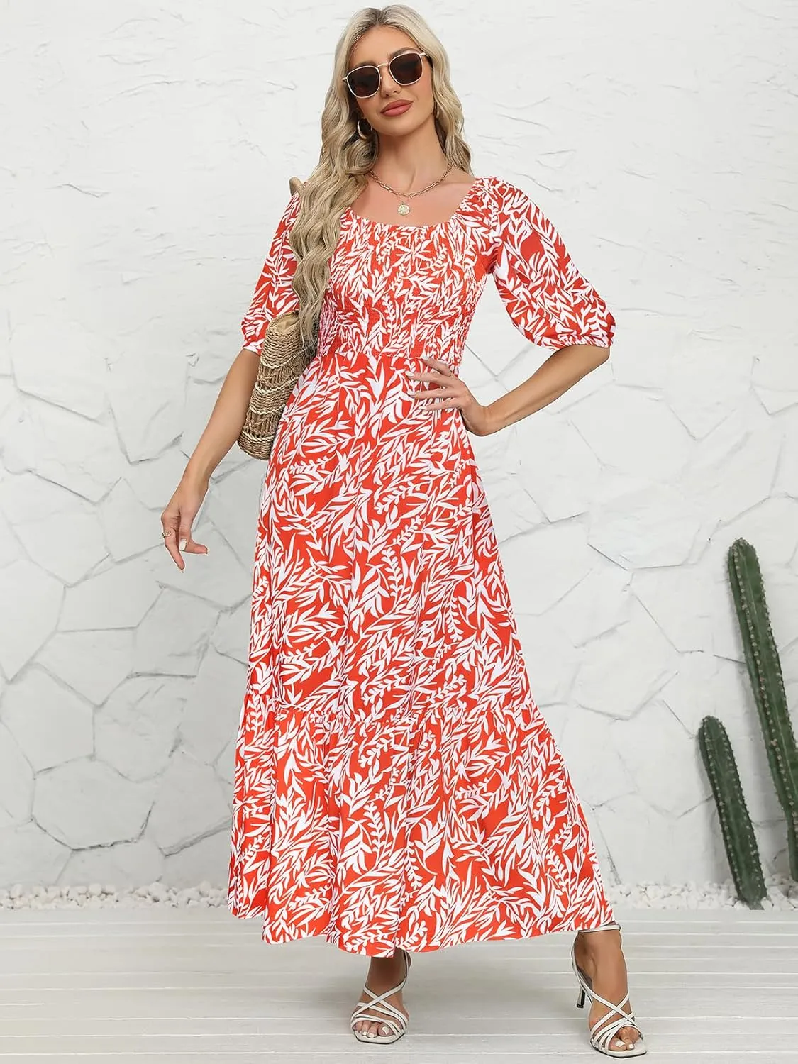 Lyrur Summer Boho Smocked Maxi Dresses for Women 2025 Casual Puff Sleeve Square Neck A Line Tiered Ruffle Ankle Length Dress
