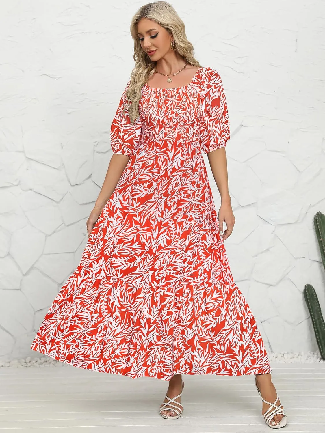 Lyrur Summer Boho Smocked Maxi Dresses for Women 2025 Casual Puff Sleeve Square Neck A Line Tiered Ruffle Ankle Length Dress