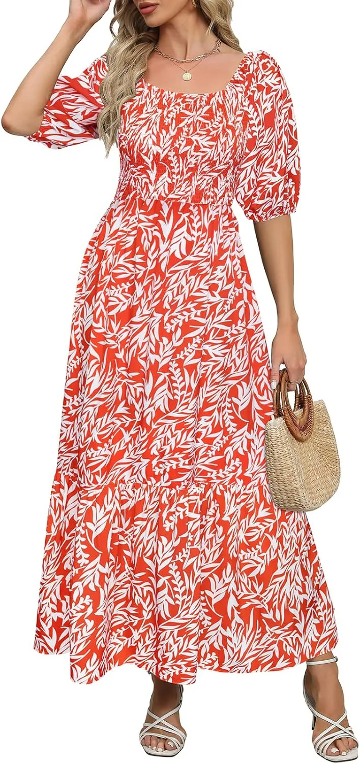 Lyrur Summer Boho Smocked Maxi Dresses for Women 2025 Casual Puff Sleeve Square Neck A Line Tiered Ruffle Ankle Length Dress