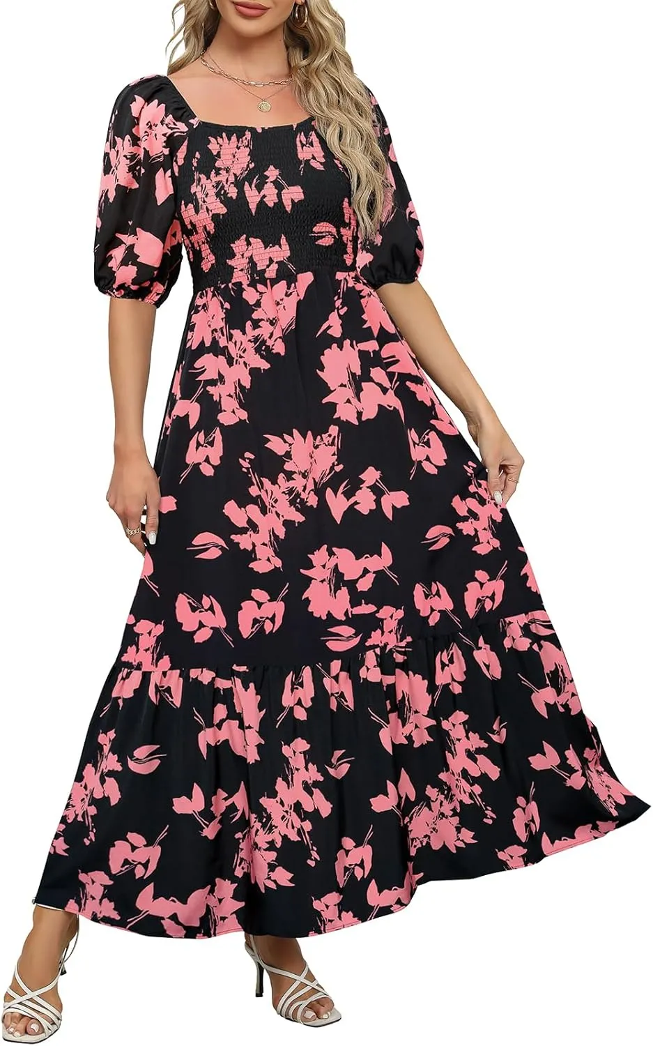 Lyrur Summer Boho Smocked Maxi Dresses for Women 2025 Casual Puff Sleeve Square Neck A Line Tiered Ruffle Ankle Length Dress