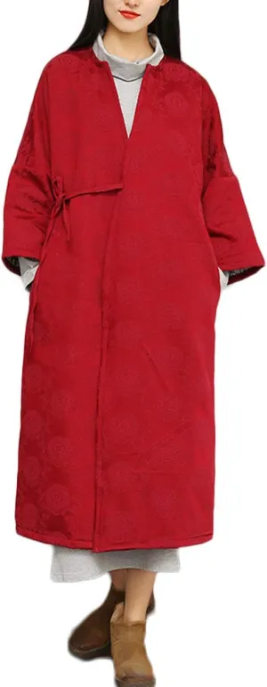 LZJN Women's Autumn Winter Coat Cotton Linen Jacquard Padded Jacket Quilted Bandage Long Parkas (Wine Red, One Size)