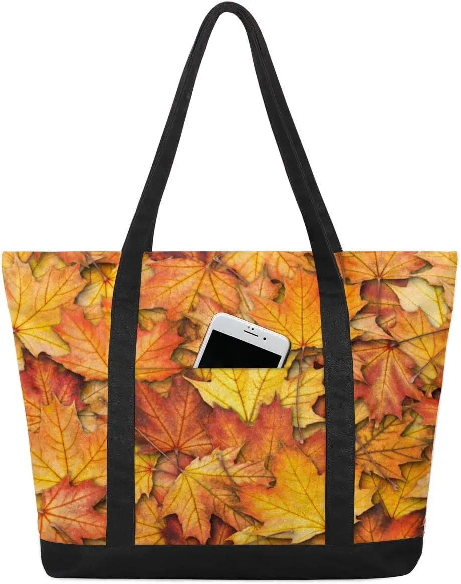 Maple Leaf Autumn Tote Bag for Women Work Canvas Travel Tote Bags with Zipper Large Capacity Casual Handbag with Inner Pockets Reusable Shopping Shoulder Bag for Teacher Nurse