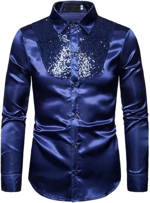 Mardi Gras Shirt for Men Fashion Long Sleeve Button Down Sequin T-Shirt Regular Fit Lapel Neck Nightclub Performance Clothing