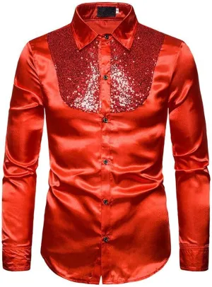 Mardi Gras Shirt for Men Fashion Long Sleeve Button Down Sequin T-Shirt Regular Fit Lapel Neck Nightclub Performance Clothing