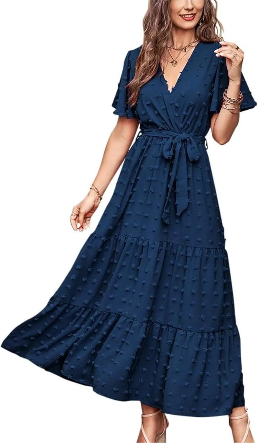 MASCOMODA Womens Summer Swiss Dot Maxi Dressses Wrap V Neck Flutter Short Sleeve Boho Casual Flowy Long Wedding Guest Dress