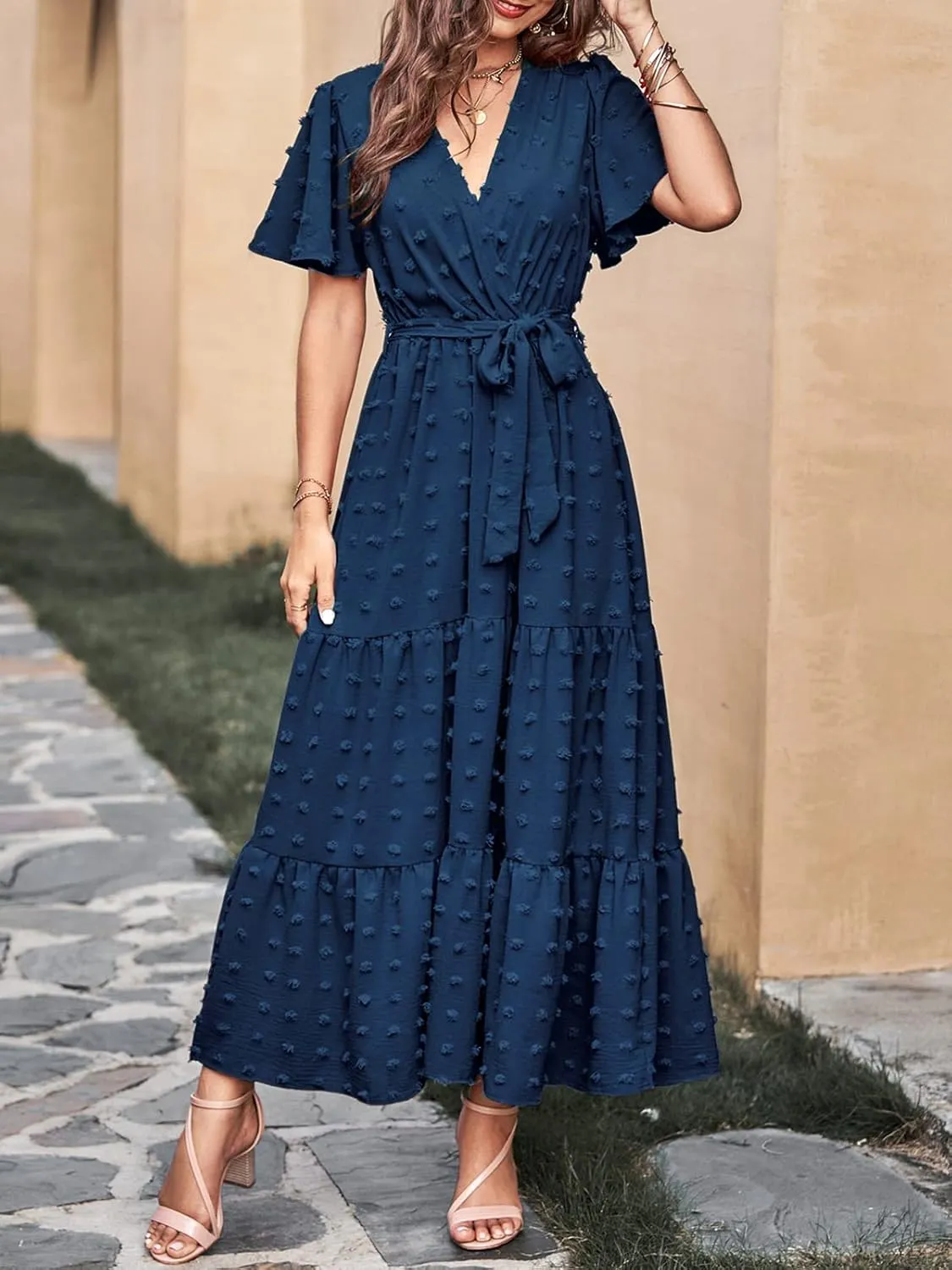 MASCOMODA Womens Summer Swiss Dot Maxi Dressses Wrap V Neck Flutter Short Sleeve Boho Casual Flowy Long Wedding Guest Dress