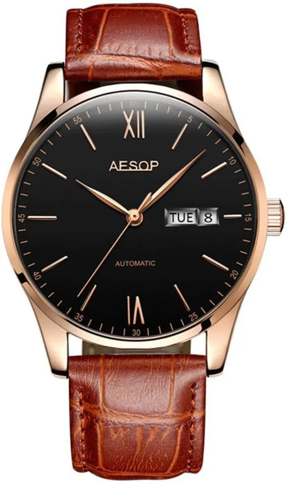 MASTOP Men's Minimalist Automatic Mechanical Watch Stainless Steel Leather Bands Casual Business Watch