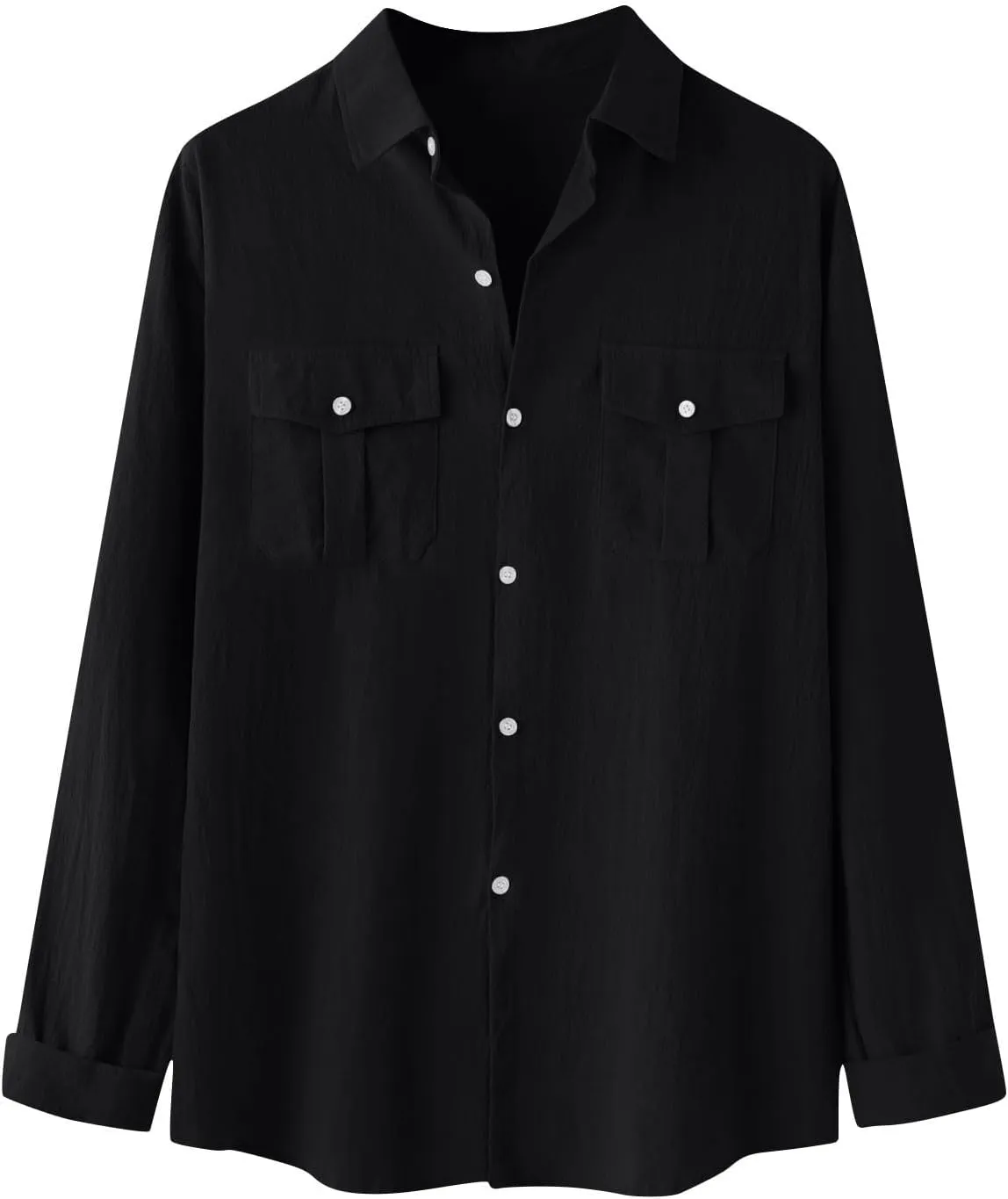 Men Cotton Linen Shirts Long Sleeve Trun-Down Collar Buttons Shirts with Chest Pockets Regular Fit Lightweight Blouse
