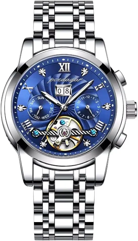 Men Watches Automatic Mechanical Big Dial Tourbillon Business Wristwatch Self-Winding Luxury Hollow Waterproof Luminous Stainless Steel Watches Best Gifts Watches for Men