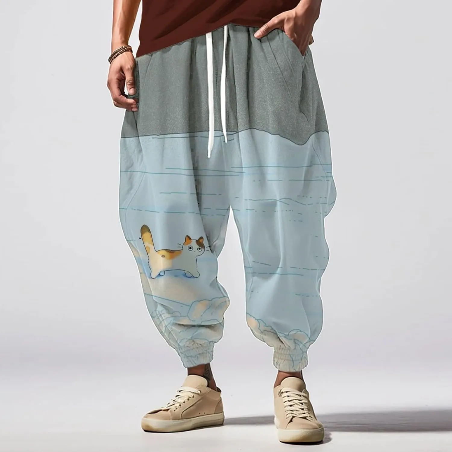 Mens Baggy Yoga Drop Crotch Trousers Funky All Over Printed Plus Size Lounge Karate Pants Loose Fit Beach Harem Pants