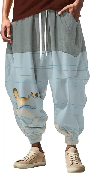 Mens Baggy Yoga Drop Crotch Trousers Funky All Over Printed Plus Size Lounge Karate Pants Loose Fit Beach Harem Pants