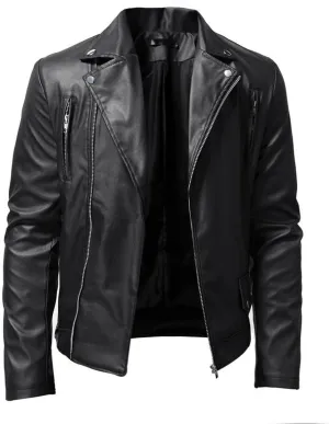 Men's Casual Lapel Faux Leather Jackets Zip-Up Motorcycle Bomber Jacket Plus Size Cardigan Coats Slim Outwear