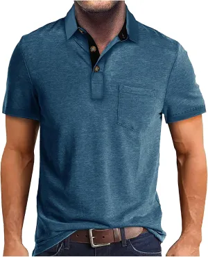 Men's Casual Polo Shirts Classic Cotton Short/Long Sleeve Button Tshirts Regular Fit Vintage Solid Basic Golf Shirts