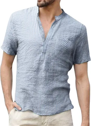Men's Casual Short Sleeve Button Down Shirts Cotton Linen Vertical Striped Henley T-Shirts Casual Regular Fit Beach Tops Light Blue