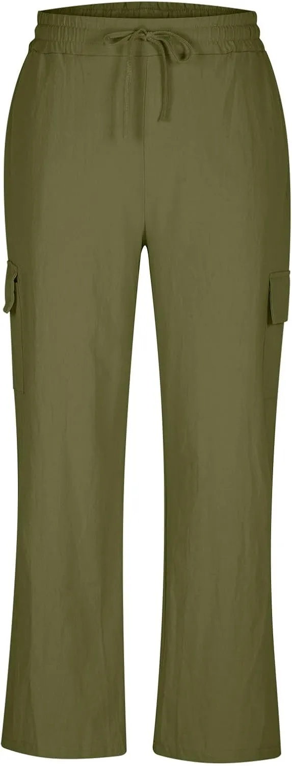 Men's Cotton Linen Pants Drawstring Elastic Waist Multi-Pockets Cargo Trouser Loose Comfy Wide Leg Sweatpant