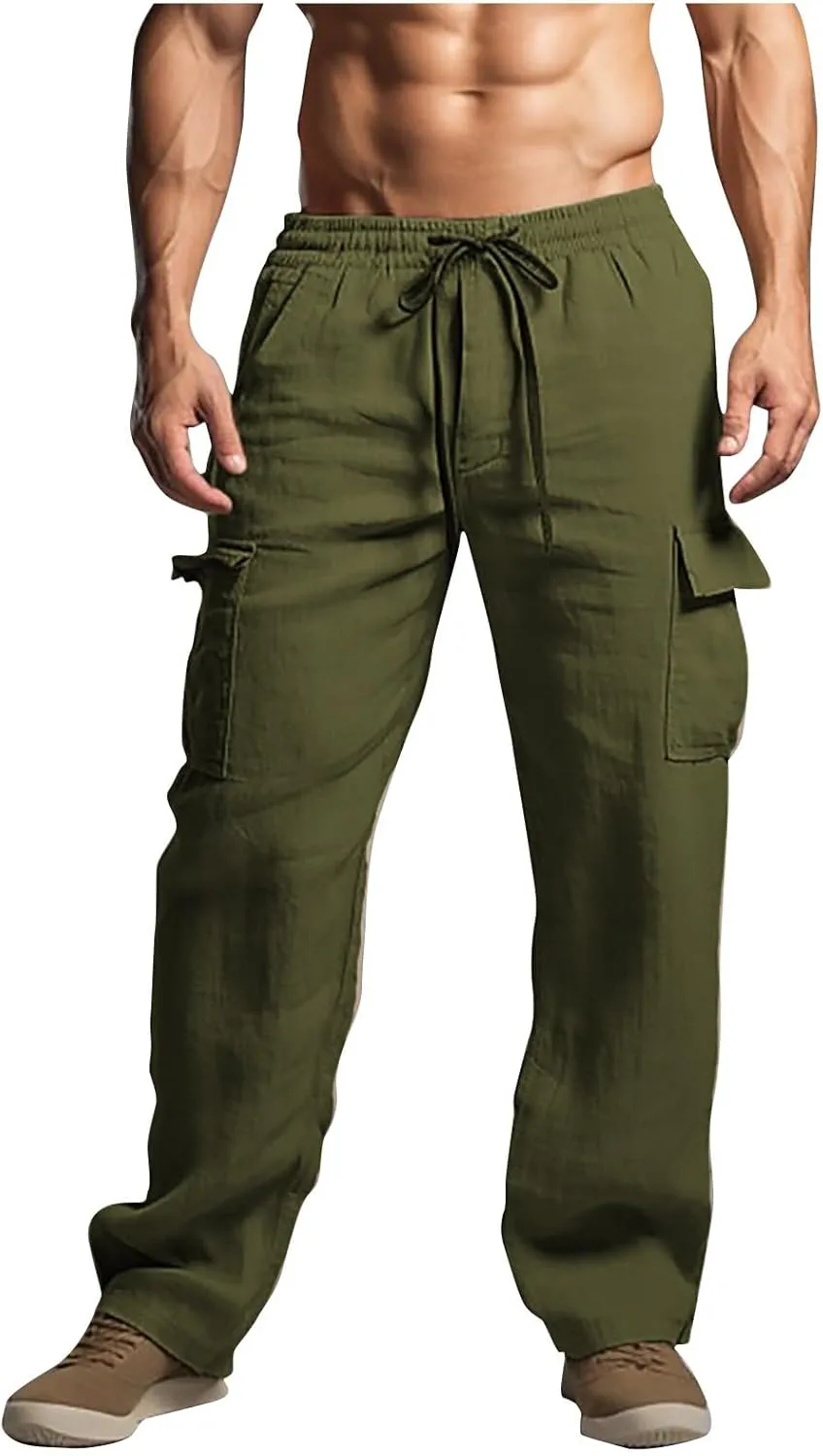 Men's Cotton Linen Pants Drawstring Elastic Waist Multi-Pockets Cargo Trouser Loose Comfy Wide Leg Sweatpant