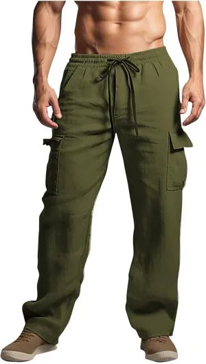 Men's Cotton Linen Pants Drawstring Elastic Waist Multi-Pockets Cargo Trouser Loose Comfy Wide Leg Sweatpant