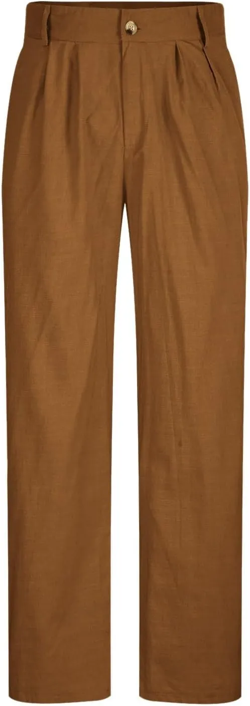 Men's Cotton Linen Pants Pleated Front Trouser Straight Leg Suit Trousers Solid Office Trouser Lightweight Pant