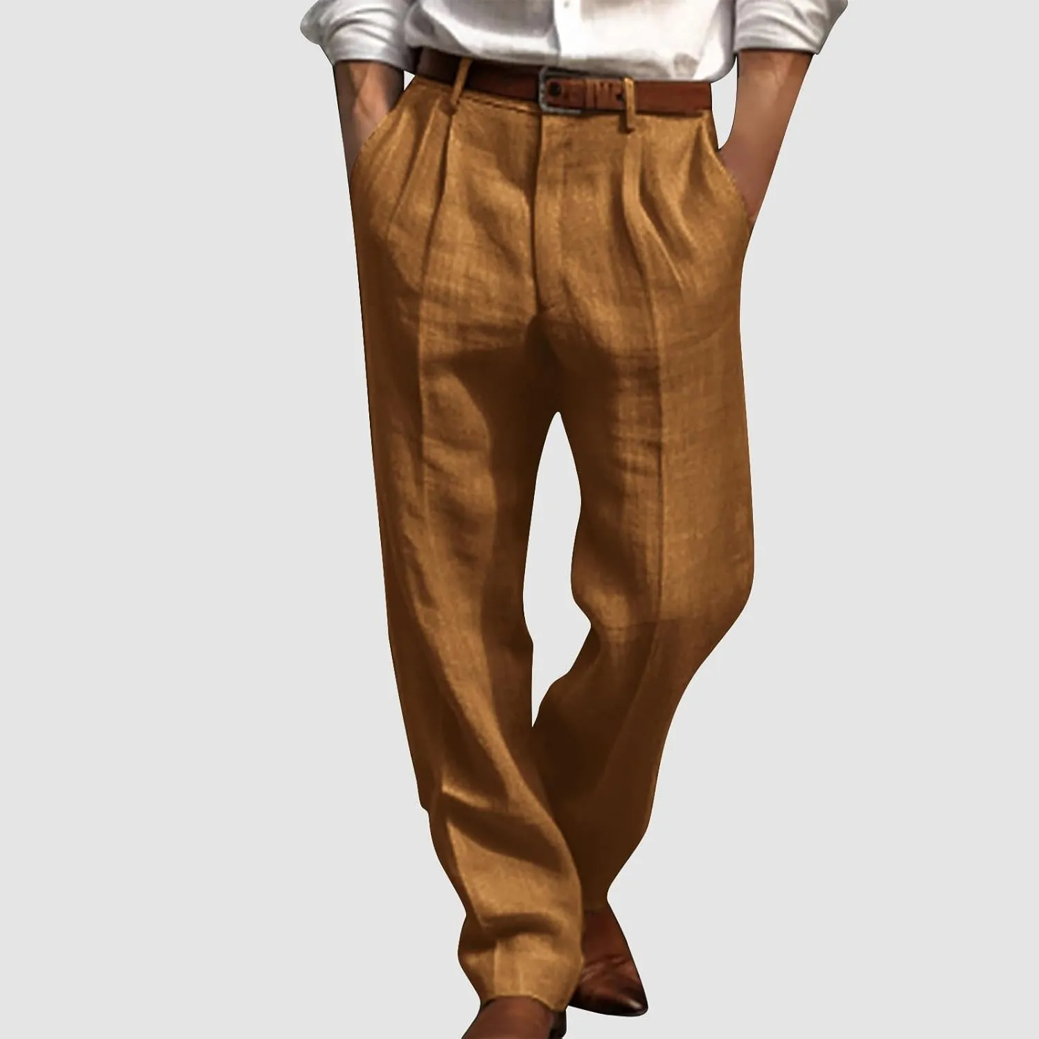 Men's Cotton Linen Pants Pleated Front Trouser Straight Leg Suit Trousers Solid Office Trouser Lightweight Pant