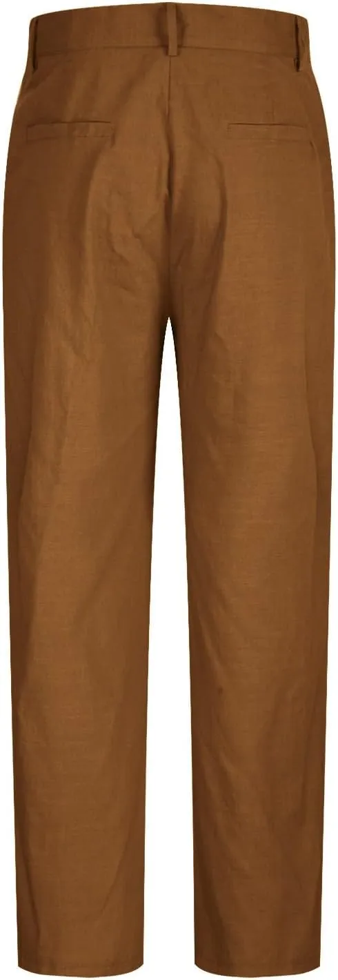 Men's Cotton Linen Pants Pleated Front Trouser Straight Leg Suit Trousers Solid Office Trouser Lightweight Pant