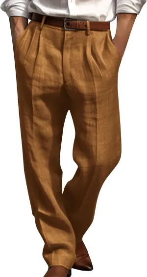Men's Cotton Linen Pants Pleated Front Trouser Straight Leg Suit Trousers Solid Office Trouser Lightweight Pant