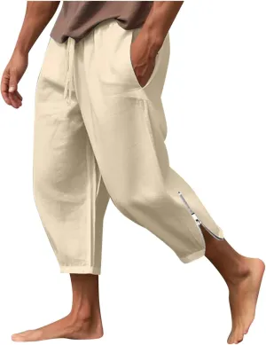 Men's Cotton Linen Pants Solid Color Harem Casual Capri Pant Lightweight Loose Beach Summer Trousers