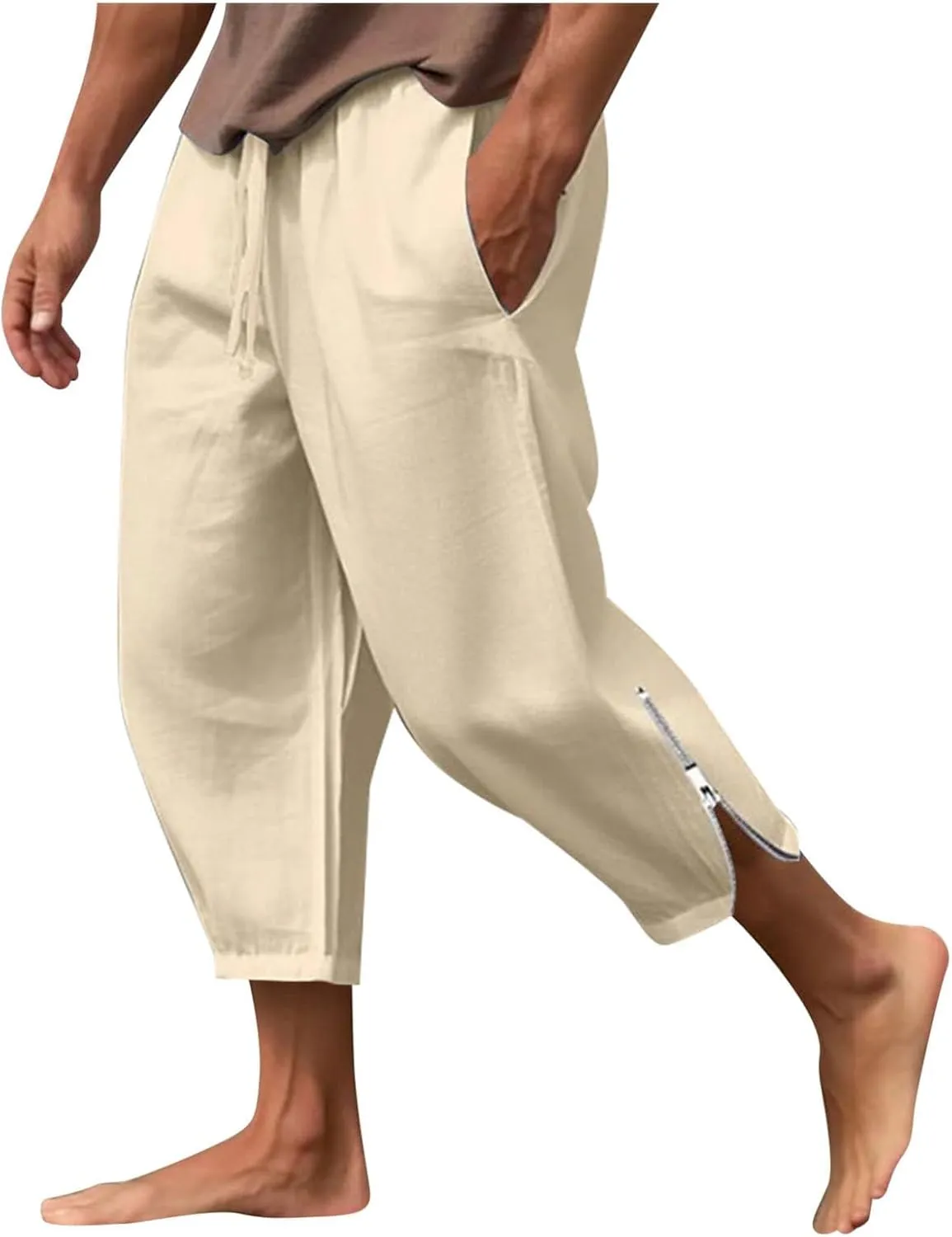 Men's Cotton Linen Pants Solid Color Harem Casual Capri Pant Lightweight Loose Beach Summer Trousers