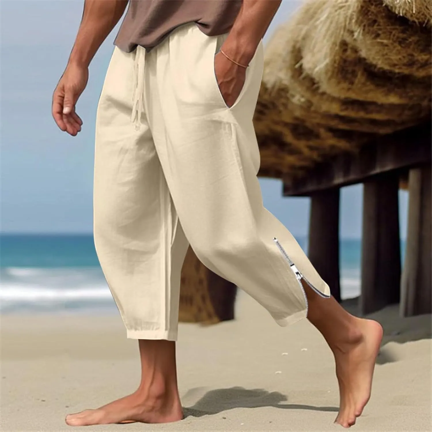 Men's Cotton Linen Pants Solid Color Harem Casual Capri Pant Lightweight Loose Beach Summer Trousers