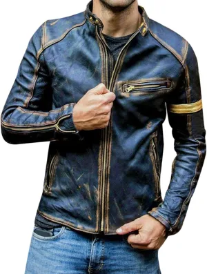 Mens Distressed PU Leather Bomber Jackets Vintage Stand Collar Zip-Up Motorcycle Jackets Steampunk Biker Outwear Coat