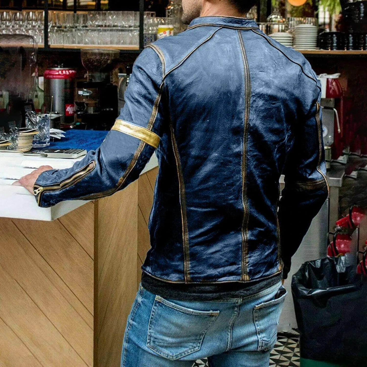 Mens Distressed PU Leather Bomber Jackets Vintage Stand Collar Zip-Up Motorcycle Jackets Steampunk Biker Outwear Coat