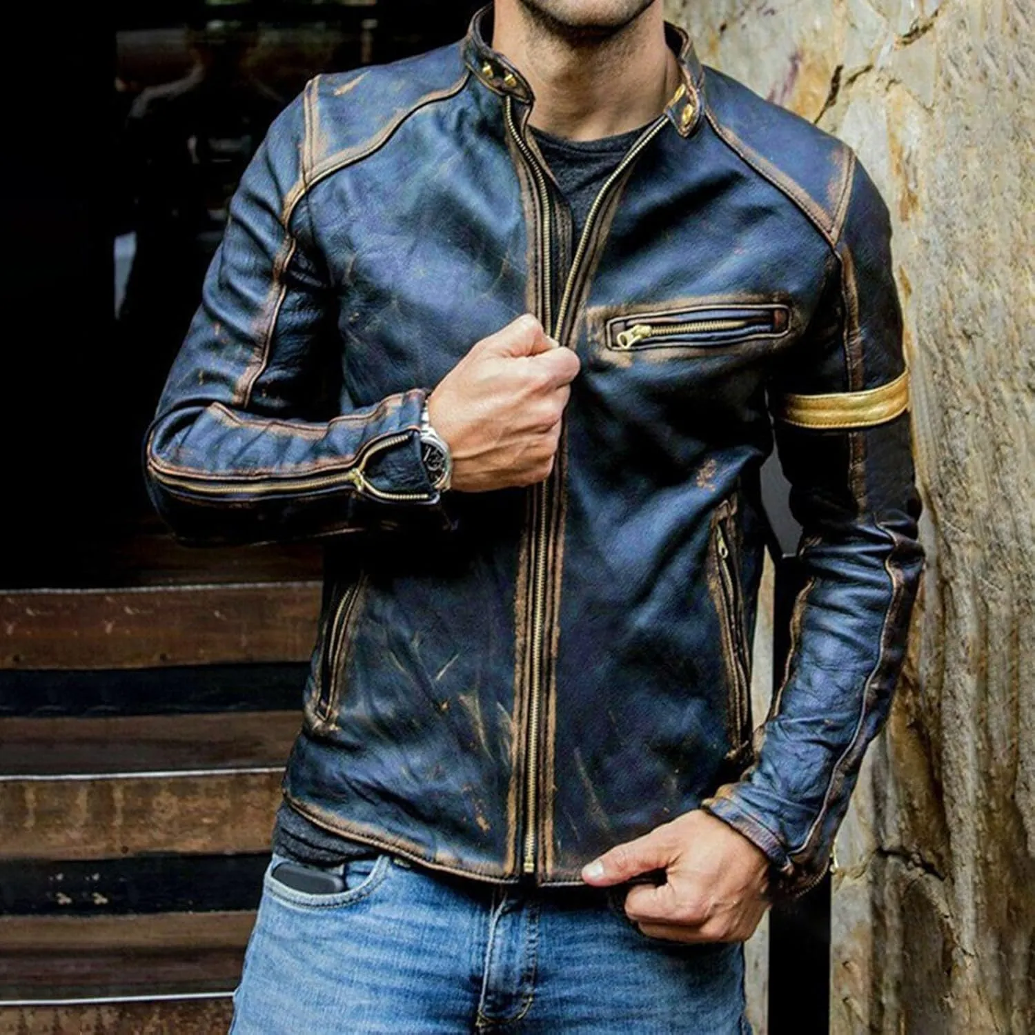 Mens Distressed PU Leather Bomber Jackets Vintage Stand Collar Zip-Up Motorcycle Jackets Steampunk Biker Outwear Coat
