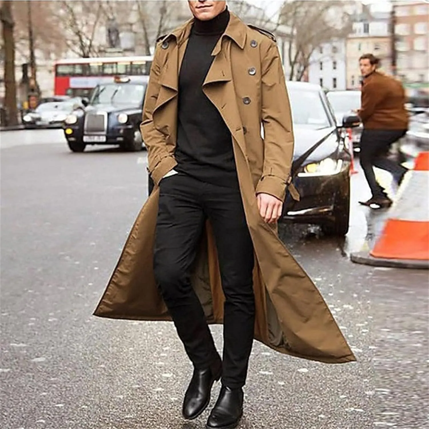 Men's Fall Trench Coat Fashion Easy Notch Lapel Business Casual Jacket Solid Color Long Pea Coat Windbreaker Overcoat
