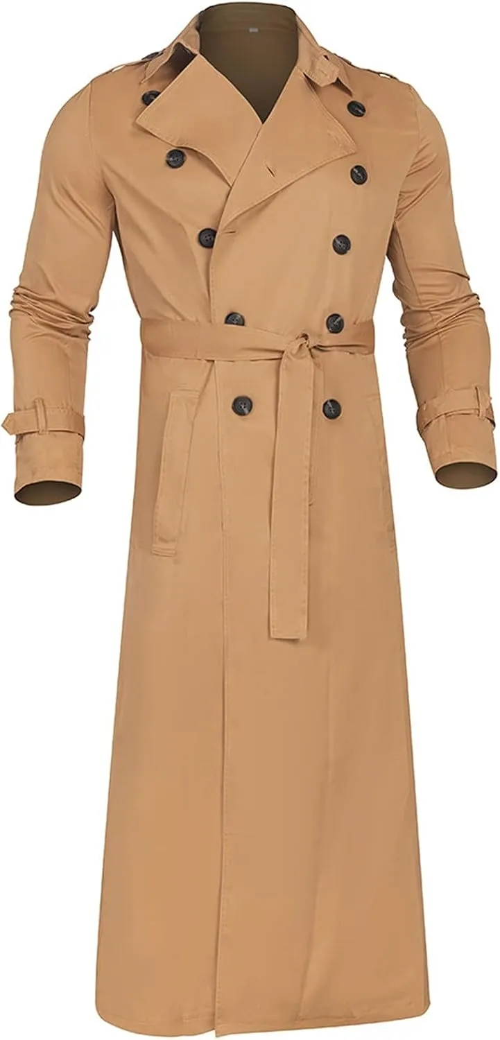 Men's Fall Trench Coat Fashion Easy Notch Lapel Business Casual Jacket Solid Color Long Pea Coat Windbreaker Overcoat