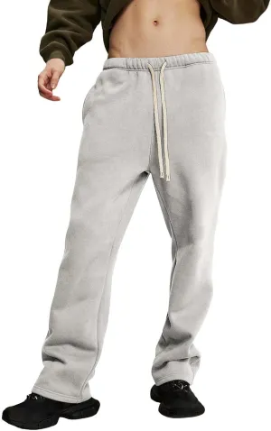 Mens Fleece Stacked Flared Sweatpants Loose Fit Hip Hop Wide Leg Street Pants Casual Workout Bell Bottom Jogger Pants