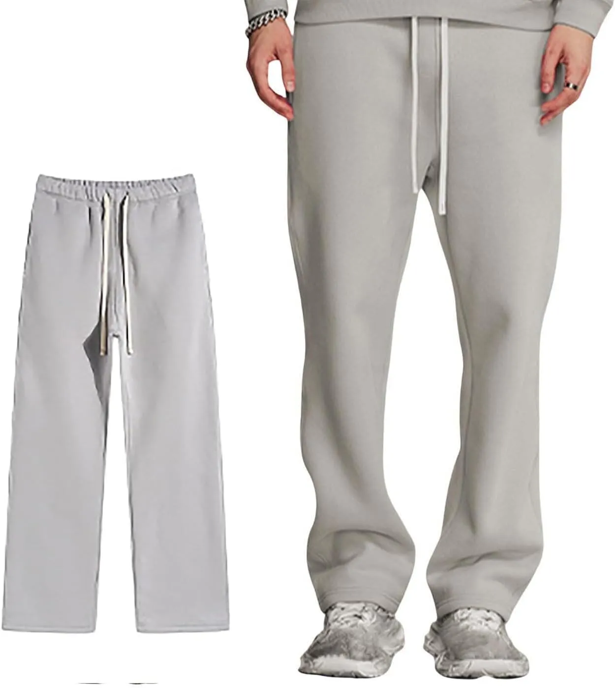 Mens Fleece Stacked Flared Sweatpants Loose Fit Hip Hop Wide Leg Street Pants Casual Workout Bell Bottom Jogger Pants