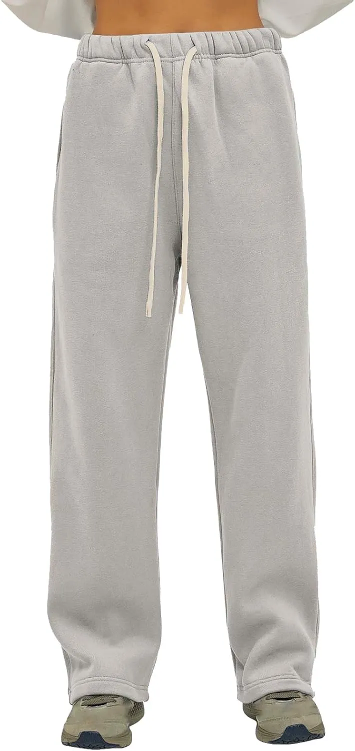 Mens Fleece Stacked Flared Sweatpants Loose Fit Hip Hop Wide Leg Street Pants Casual Workout Bell Bottom Jogger Pants