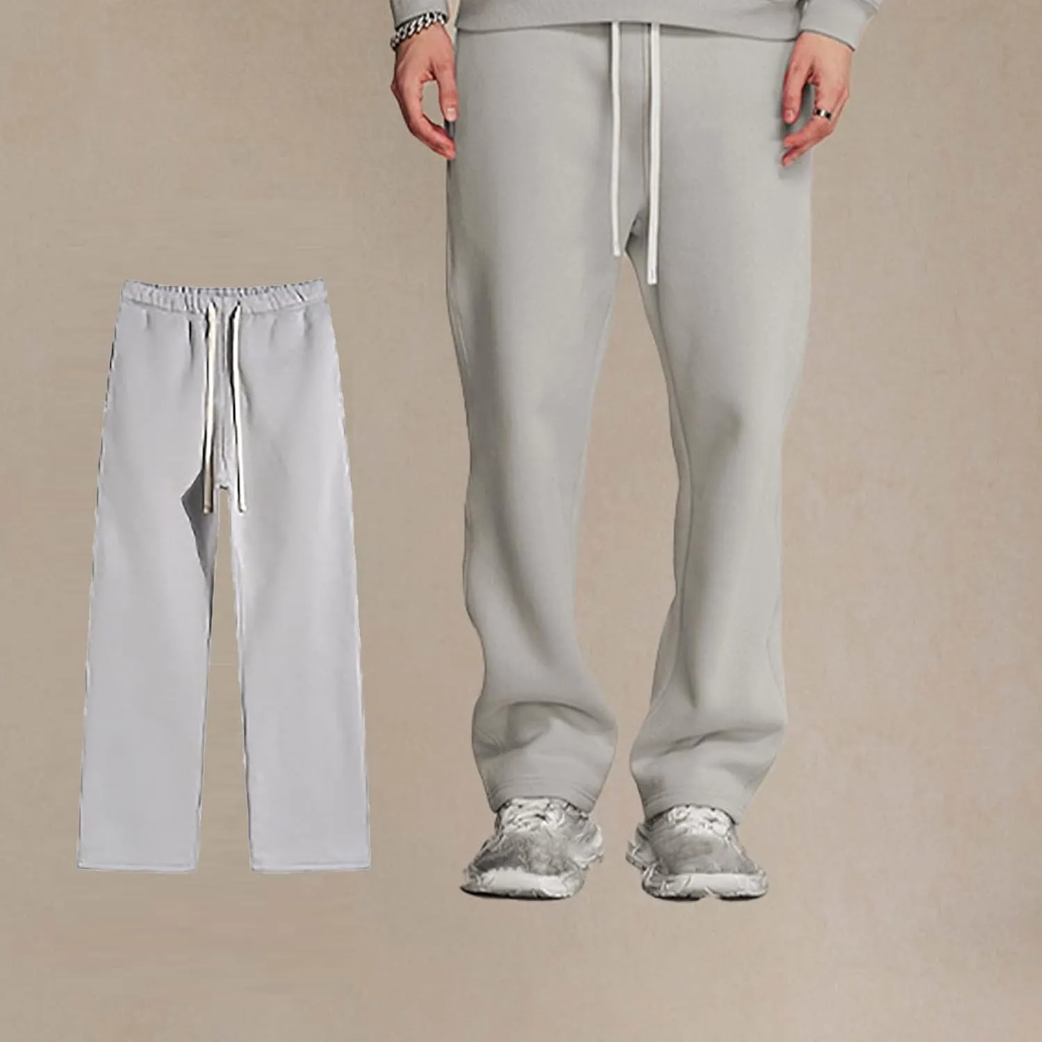 Mens Fleece Stacked Flared Sweatpants Loose Fit Hip Hop Wide Leg Street Pants Casual Workout Bell Bottom Jogger Pants