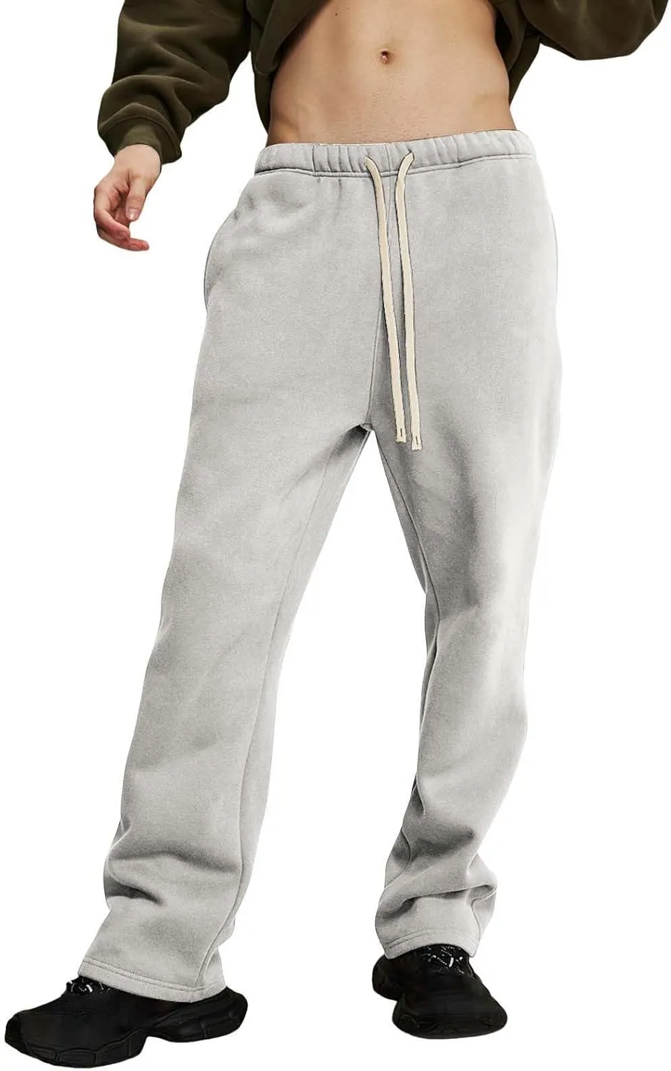 Mens Fleece Stacked Flared Sweatpants Loose Fit Hip Hop Wide Leg Street Pants Casual Workout Bell Bottom Jogger Pants