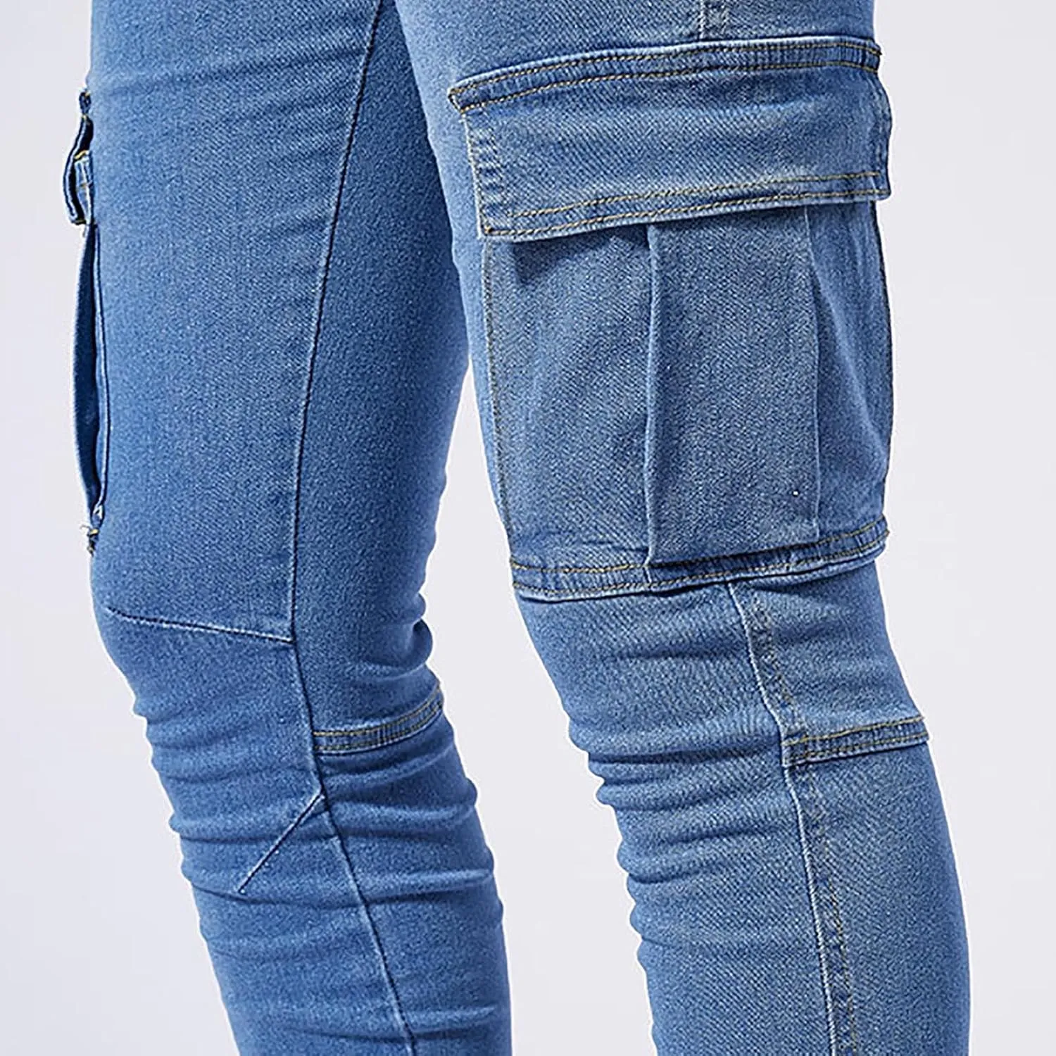 Men's Jeans Pants Fashion Solid Color Multiple Pockets Denim Cargo Trouser Stretch Slim Fit Pleated Trouser