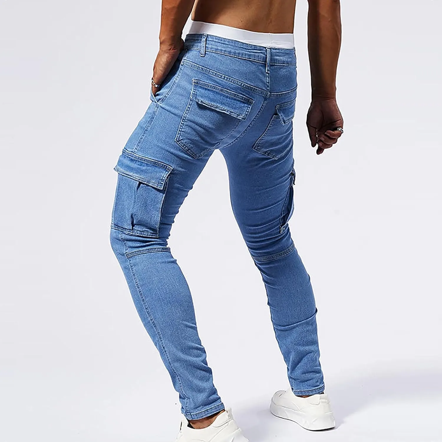 Men's Jeans Pants Fashion Solid Color Multiple Pockets Denim Cargo Trouser Stretch Slim Fit Pleated Trouser