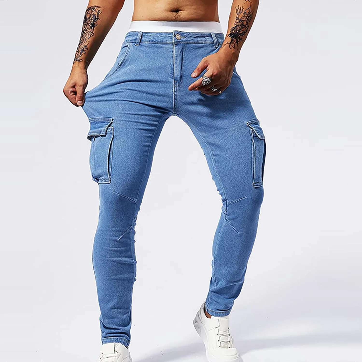Men's Jeans Pants Fashion Solid Color Multiple Pockets Denim Cargo Trouser Stretch Slim Fit Pleated Trouser