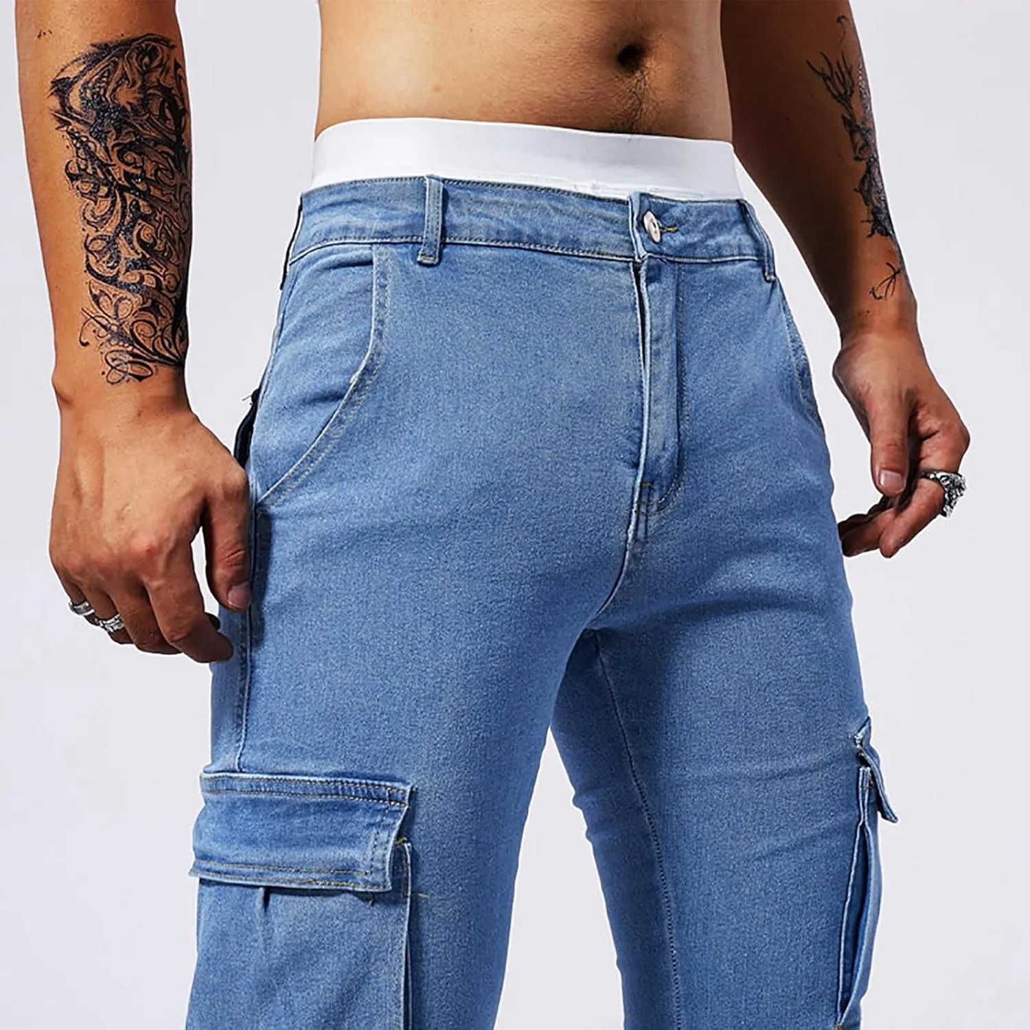 Men's Jeans Pants Fashion Solid Color Multiple Pockets Denim Cargo Trouser Stretch Slim Fit Pleated Trouser